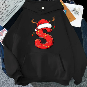 Sweat-shirt à capuche pour homme en coton noir, imprimé motif Noël (lettre R, chapeau de Père Noël, bois de renne), décontracté, hiver, coupe oversize, logo frontal - Product Image 5