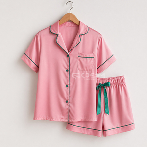 Cosh International Custom Logo Women's Pink Satin Short Sleeve Pajama Set With <b>Green</b> Trim Button Front Classic Style Summer Wear - Product Image 3
