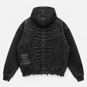 Sweat à capuche en molleton surdimensionné, personnalisé, délavé à l'acide, avec motif squelette brodé et gaufré, ourlet brut, style streetwear - Product Image 2