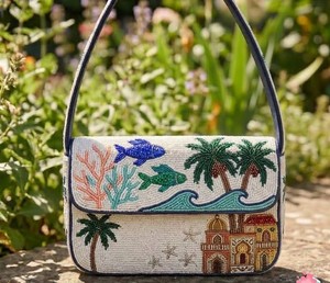 Sac à bandoulière brodé motif vague océanique en perles de rocaille, motif phare et voilier, sac à main de voyage d'été pour femme - Product Image 5
