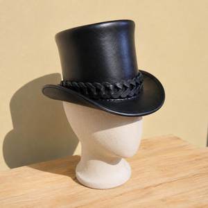 Premium quality custom made Handmade Black Leather Top <b>Hat</b> with Braided <b>Band</b> Victorian Costume <b>Hat</b> for Men and Women - Product Image 2