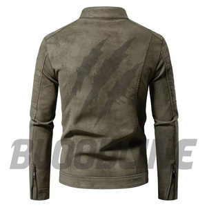 BLOODLINE Men's <b>Suede</b> PU Leather Motorcycle <b>Jacket</b> Slim Fit Stand Collar Zipper Front Windproof Autumn Wear - Product Image 5
