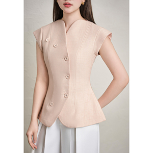 Chaleco Elegante Beige Asimétrico para Mujer, Estilo Vietnamita, con Mangas Cortas, para Oficina, Traje Casual de Negocios Moderno, con Botones, YONA - Product Image 2