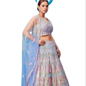 L'art de concevoir des lehenga choli de luxe en tissu résille doux et lourd, aux designs colorés et tendance, pour les achats en gros. - Product Image 1