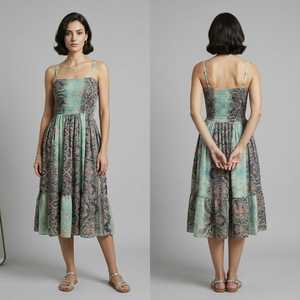 Robe mi-longue trapèze pour femme en mélange de coton et de soie tissée, imprimé floral bohème, avec volants et taille élastique, idéale pour l'été et les tenues décontractées - Product Image 3