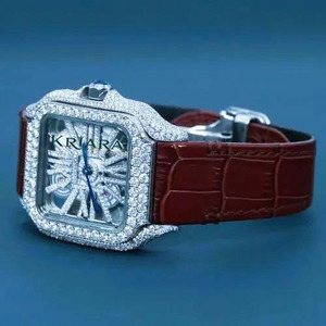 High-End Stainless Steel Silver Analog Glass <b>Watch</b> Moissanite <b>Diamonds</b> Case And Leather Band Analog Display - Product Image 5