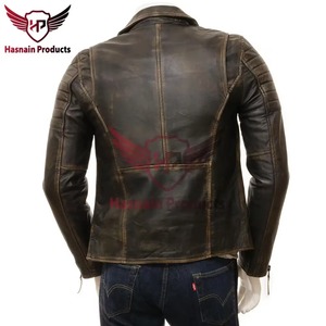 Veste en cuir véritable marron pour homme, coupe ajustée, style motard, asymétrique, avec fermeture éclair croisée, en cuir de vachette, épaules rembourrées, vintage, personnalisée - Product Image 4