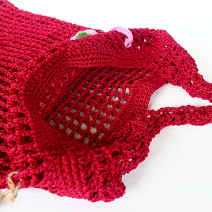 Bolso de hombro de malla de nailon tejido a crochet hecho a mano, rojo, con diseño calado y dije de flor, estilo arte puro, bolsos de moda artesanales - Product Image 4