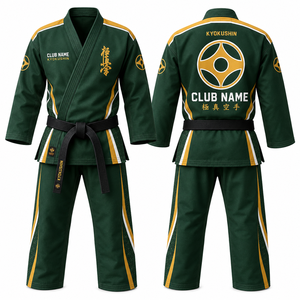Kimono de karaté Kyokushin vert avec nom du club imprimé or, manches longues, col en V, respirant, 100% coton, uniforme adulte MEGAMAPLE - Product Image 1