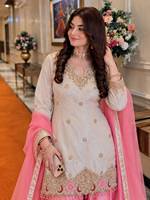 Kurta en soie crème pour femme avec broderie sequins et zari, travail artisanal et dentelle Latkan, palazzo rose avec bordure en dentelle organza et dupatta