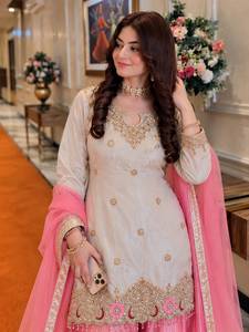 <b>Women</b> Sequence & Zari Embroidery Work With Handwork Latkan Lace Cream Silk <b>Kurta</b> Pink Palazzo With Organza Lace Border Dupatta - Product Image 2