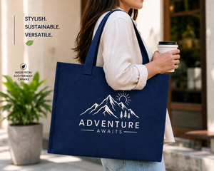 Sac fourre-tout en toile « L'aventure vous attend » grand format bleu marine avec motif montagne, sac de shopping pour usage quotidien avec poignée de transport - Product Image 4
