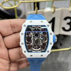 RM AMG Fully <b>Skeletonized</b> Tourbillon Tonneau-shaped Mechanical <b>Watch</b> Blue White blocked X-shaped Frame Men's Wristwatch - Product Image 1