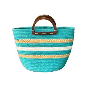 Panier de rangement rond en coton et jute bleu fait main, tricoté à la main, écologique, léger, élégant, avec poignée courte, pour la maison et le bureau - Product Image 6