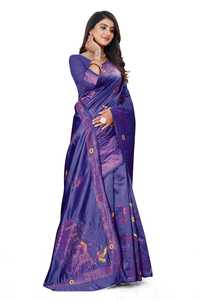 Sari indien traditionnel en soie bleu et violet avec broderies florales Zari, idéal pour les mariages, les fêtes et les festivals, coupe classique pour femme, longueur au sol. - Product Image 6