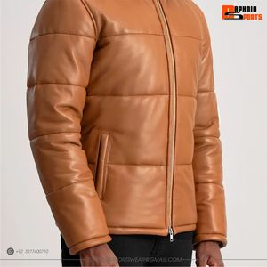 Veste matelassée à capuche en cuir PU marron pour homme, coupe-vent, épaisse, matelassée, décontractée, fermeture éclair, coupe régulière, veste en cuir - Product Image 3