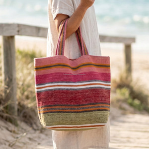 Bolsa de Mano de Algodón Tejida a Mano Multicolor con Rayas, Asas Dobles, Elegante, Informal para Mujer, para Compras, Ecológica - Product Image 5
