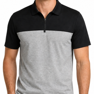 Polo Personalizado con Cierre de Cremallera para Hombre, de Alta Calidad, en Bloques de Color Negro y Gris, Manga Corta, Transpirable, para Golf - Product Image 2