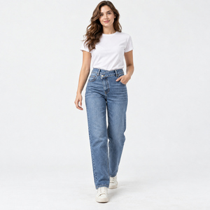 Jeans de Mezclilla Elásticos de Cintura Alta y Pierna Recta para Mujer, Corte Ajustado, Color Azul Medio, Marca Privada OEM, Tallas XS-6XL - Product Image 5