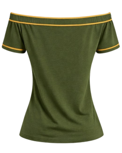T-shirt vert olive pour femme, épaules dénudées, avec bordure contrastante moutarde, manches courtes, coupe ajustée, décontracté, haut d'été, fabricant - Product Image 4