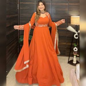 Ensemble Anarkali en Georgette Orange pour Femme, avec Broderies Multiples, Coupe Évasée, Longueur au Sol, Taille Naturelle, Salwar Kameez, pour Mariage et Fête - Product Image 4