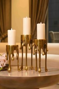 Ensemble de 3 porte-bougies en aluminium au design luxueux effet goutte d'or, supports décoratifs modernes pour bougies piliers, pour la maison et le salon - Product Image 5