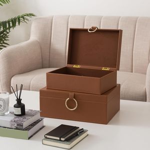 Leather Storage Box Luxury Leather Boxes Tan Leather Box Set Of 2 - Product Image 2