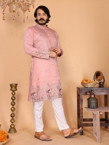 Ensemble Kurta Pajama brodé pour homme, coupe classique, idéal pour les mariages et les fêtes traditionnelles, disponible chez Samp Corporation - Product Image 2