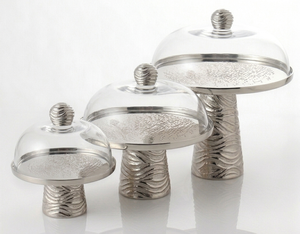 Luxury Silver <b>Cake</b> <b>Stand</b> Set with Glass Dome Cover Textured Metal Dessert Pedestal Risers Cupcake Display Tray Wedding Decor - Product Image 2
