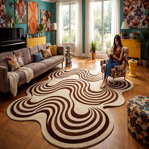Modern Abstract Wavy Carpet Cream <b>Brown</b> <b>Wool</b> Area Rug Irregular Hand Tufted Rug Contemporary Living Room Bedroom Decorative Rug - Product Image 6