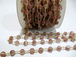 Natural Strawberry Quartz Round Plain Smooth 6mm Beaded Rosary <b>Wire</b> Wrapped Chain - Product Image 4