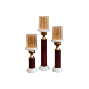 Modern Wooden Pillar <b>Candle</b> Stand Set White Marble Base Amber <b>Glass</b> <b>Hurricane</b> Living Room Home Decor - Product Image 1