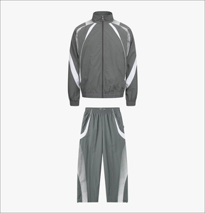 Men's Gray Sporty Track Suit Set Stand Collar Zipper Jacket With White Stripes Breathable Knitted Polyester Spring Wear - Product Image 1