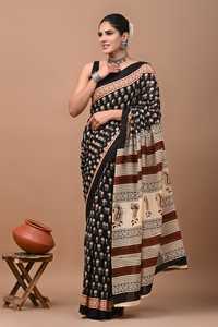 Sari Mulmul 100% Algodón Puro, Estampado a Mano, Sari Indio Jaipuri, Ligero, Suave y Transpirable, Sari para Usar en Verano, Venta al por Mayor - Product Image 3