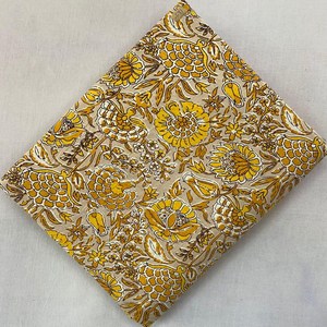 Bohemian Yellow Floral Block Print Cotton Midi <b>Dress</b> With Puff Sleeve <b>Loose</b> Fit V-Neck Summer <b>Dress</b> For Women - Product Image 6