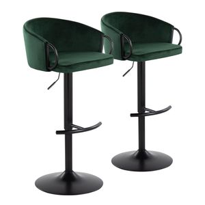Ensemble contemporain Claire de 2 tabourets de bar réglables en métal noir et velours vert avec repose-pieds pivotant et arrondi en forme de T - Product Image 1