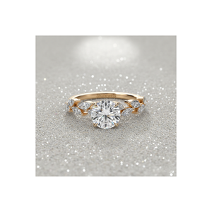 Anillo de Compromiso con Diamante Cultivado en Laboratorio, Chapado en Oro Rosa, Corte Redondo, Diamante Central, Piedras Laterales en Forma de Hoja Marquise, Anillo de Novia de Oro de 14K - Product Image 1
