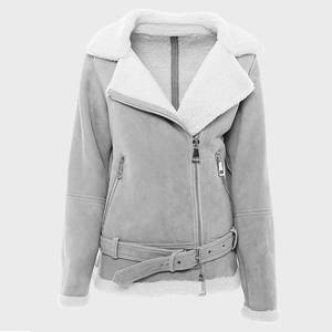 Veste en daim gris clair pour homme, col en fourrure blanche, ceinture, manteau d'hiver en peau de mouton, veste asymétrique à fermeture éclair, doublure en polaire chaude - Product Image 1