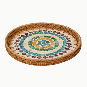 Plateau de service rond en rotin et bois avec incrustation géométrique en nacre, fait main, pour servir des aliments, décorer et offrir en cadeau - Product Image 2