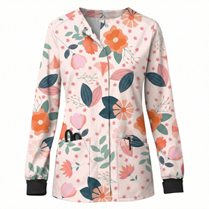 Blouse de travail médicale élégante à manches longues avec fermeture à boutons-pression, motif floral imprimé personnalisé OEM, vente en gros de blouses médicales en vrac - Product Image 4
