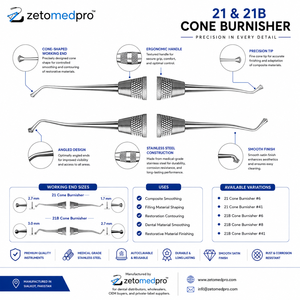 เครื่องมือขัดแต่งรูปทรงคอมโพสิตสแตนเลส Dental 21, 21B Cone Burnisher สำหรับงานทันตกรรม OEM Zetomed Pro - Product Image 2