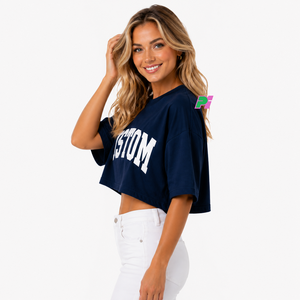 Camiseta Corta de Mujer Azul Marino con Estampado de Letras Personalizado, Cuello Redondo, Manga Corta, Corte Holgado, Informal, Primavera Verano, 100% Algodón Jersey - Product Image 4
