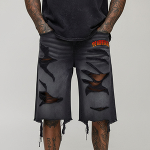 Wholesale 100% cotton denim jorts for man custom screen printed logo streetwear hip hop washed blue denim men's shorts - Product Image 2