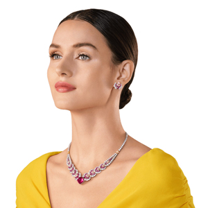 Platinum Diamond <b>Necklace</b> With <b>Ruby</b> Accents Princess Cut Natural Diamonds Luxury Women's Wedding Jewelry - Product Image 2