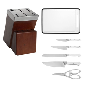 Ensemble de couteaux de cuisine à manche blanc avec lames argentées, bloc de rangement marron, ciseaux et planche à découper blanche pour la préparation et la découpe des aliments - Product Image 6
