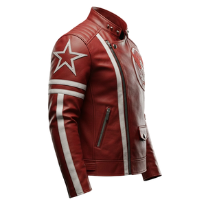 Blouson de motard en cuir rouge pour homme Paul Phoenix, style cosplay, avec broderie étoile et bandes de course, vente en gros, usine OEM - Product Image 4