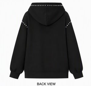Sudadera con Capucha Negra para Mujer, Tejida, de Manga Larga, Corte Regular, Otoño Invierno, con Pedrería - Product Image 3