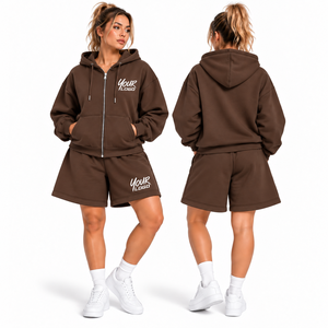 Wholesale New <b>Women's</b> Casual Short Hoodie <b>Set</b> 100% Cotton Custom Embroidery Oversize <b>2</b> <b>Piece</b> <b>Women</b> Zipper Hoodies Shorts <b>Set</b> - Product Image 1