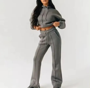 Conjunto de Sudadera con Capucha y Pantalones Deportivos Personalizados para Mujer, Tela Suave y Cómoda, Capucha con Cordón, Pantalones de Cintura Alta y Pierna Ancha, Proveedor OEM/ODM - Product Image 4