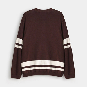 Pull en tricot à col en V pour homme, surdimensionné, marron avec rayures blanches, style preppy, pull à col rond brodé - Product Image 4